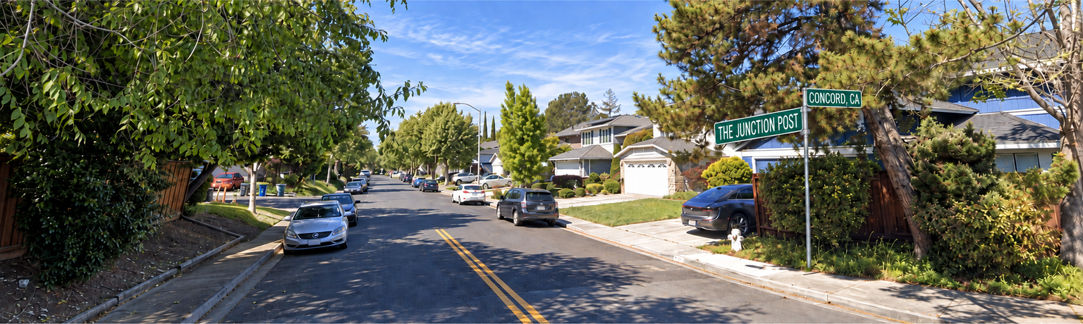 Junction Drive with crossing street signs for The Junction Post and Concord, California